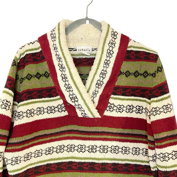 Sahalie Women's Wooby Green Red Striped Sweater Nordic Print Trim Fleece Cozy M - Picture 3 of 6